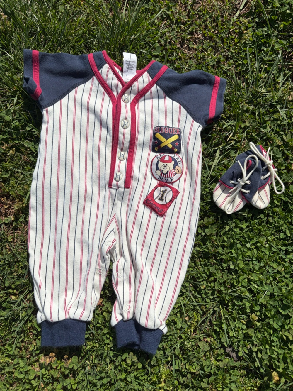 Vintage Baby Navy & White Pinstripe Baseball One-Piece with patches 6-9months